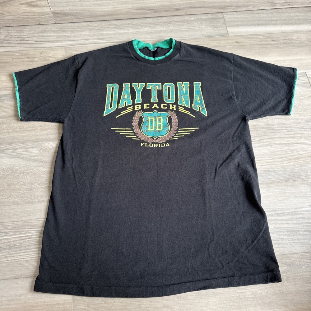 Vintage 80s 90s‎ Daytona Beach Florida Ringer T Shirt Mens Size XL Black Green